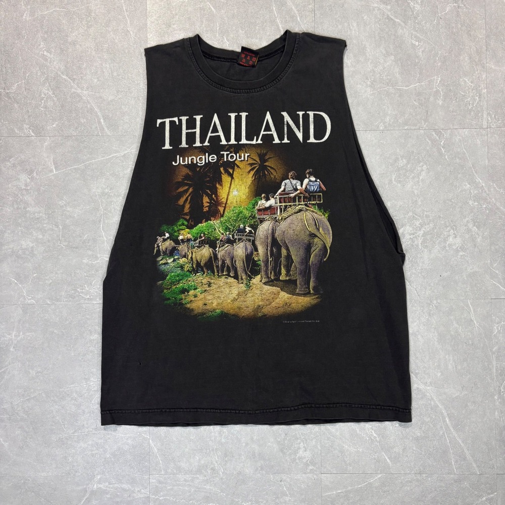Vintage JOLIGOLF Thailand Jungle Tour Graphic Muscle Tee Black Mens Large